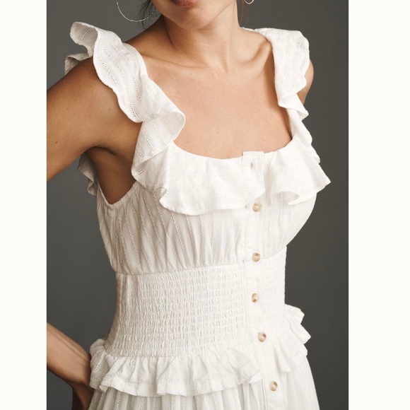 🌿|NWT| Anthropologie Pilcro Ruffled Smocked-Waist Button Front Midi Dress - Picture 5 of 12